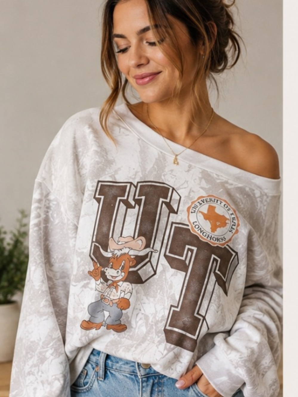 Hollister Off-Shoulder University Graphic Sweater in White and Brown